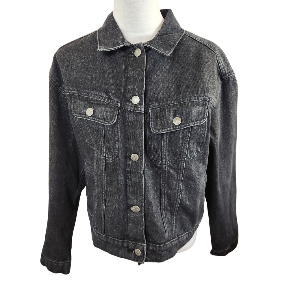 Old Navy Womens Cropped Denim Coat Washed Black Large Trucker Jacket